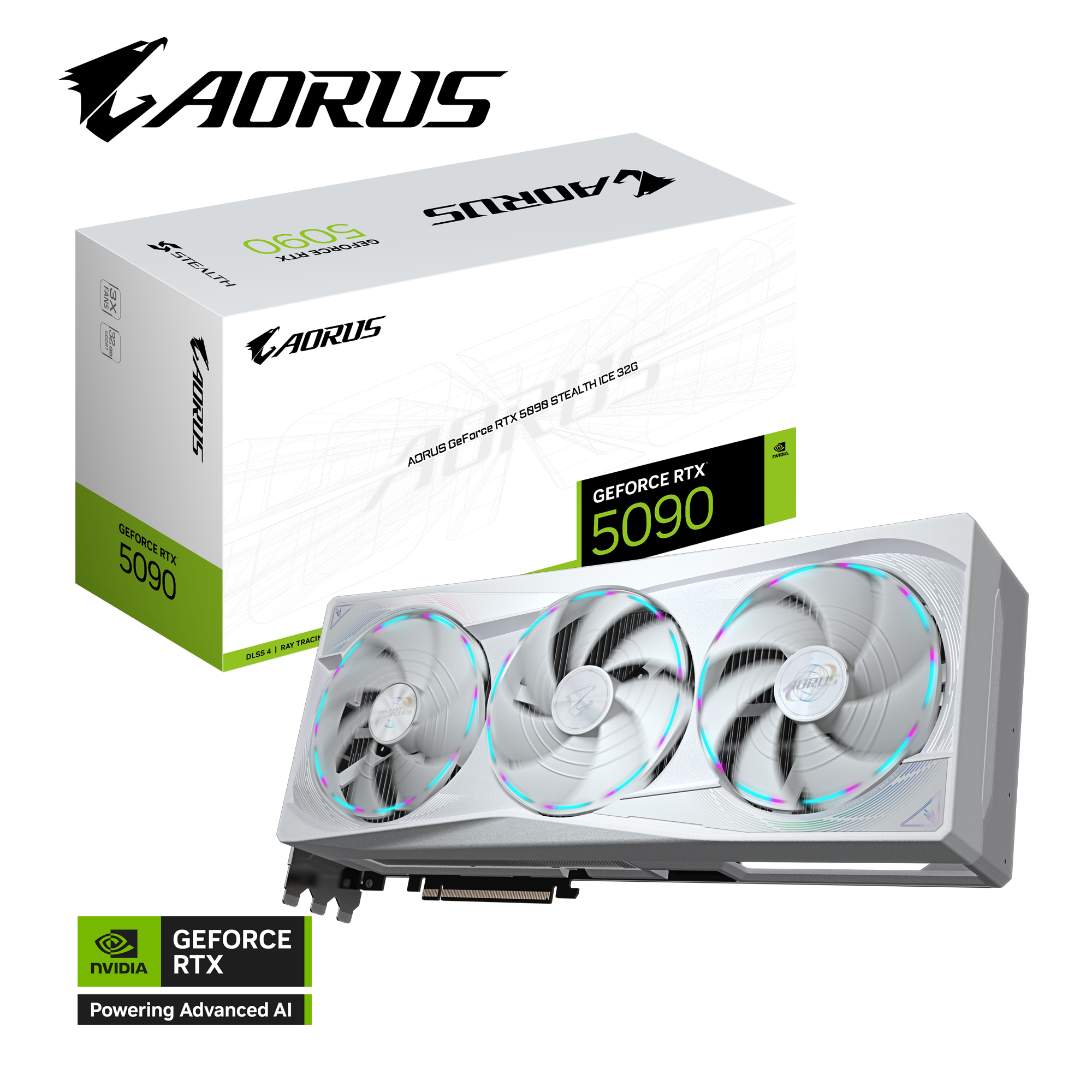 Gigabyte AORUS GeForce RTX 5090 STEALTH ICE Graphics Card, 32GB GDDR7 512-Bit Memory, 2655 MHz Core Clock, 21760 CUDA Cores, 28 Gbps Memory Clock, PCI-Express 5.0, White | GV-N5090AORUSST ICE-32GD