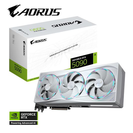 Gigabyte AORUS GeForce RTX 5090 STEALTH ICE Graphics Card, 32GB GDDR7 512-Bit Memory, 2655 MHz Core Clock, 21760 CUDA Cores, 28 Gbps Memory Clock, PCI-Express 5.0, White | GV-N5090AORUSST ICE-32GD